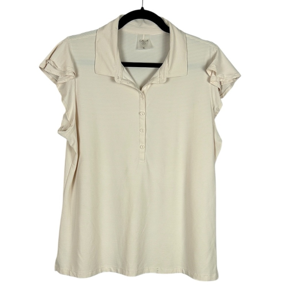 Calia Sporty Athletic Tennis Golf Short Ruffle Sleeve Ribbed Nylon Top XL Cream